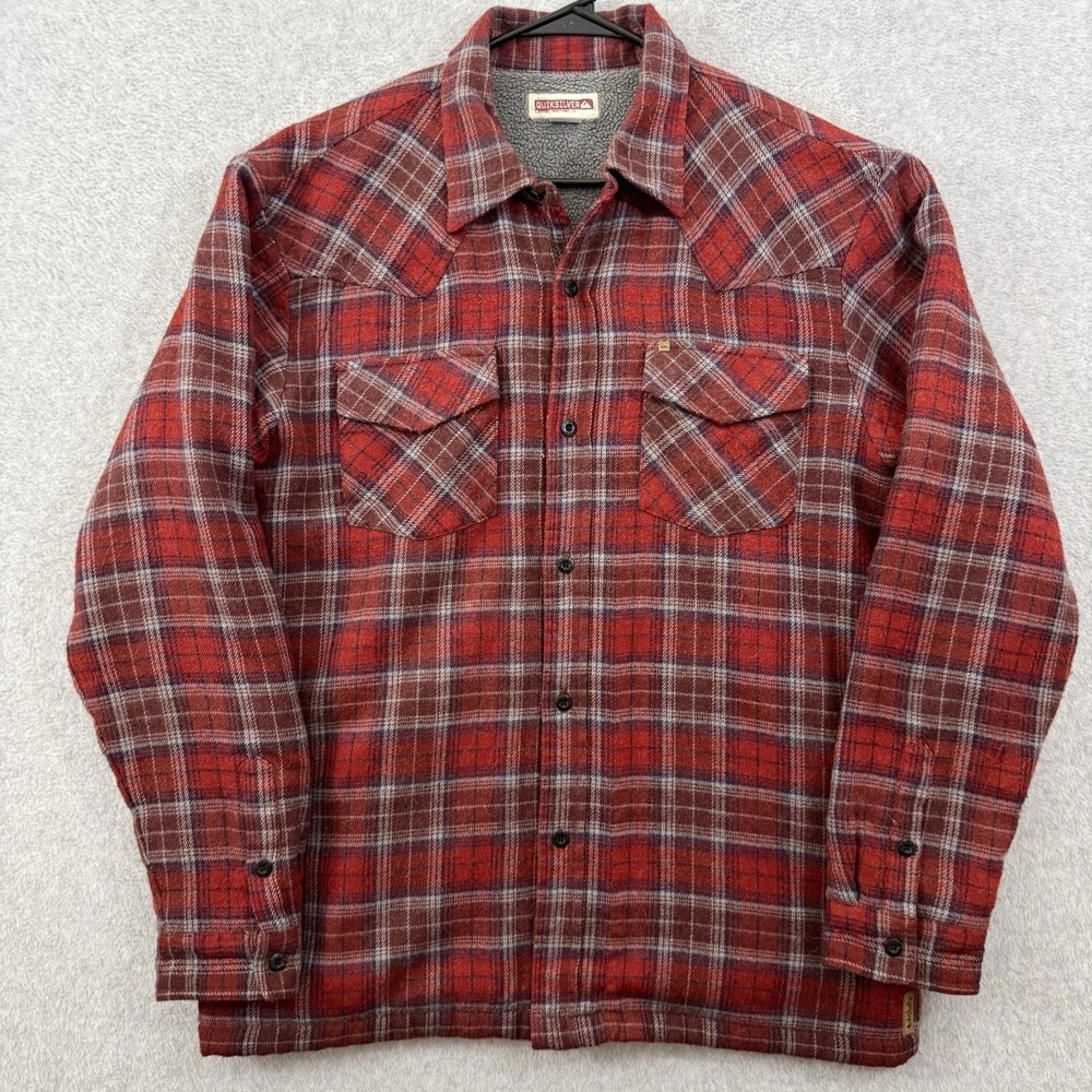 Quick Silver Jacket Men M Red Plaid Wool Blend Flannel Sherpa Fleece Lined